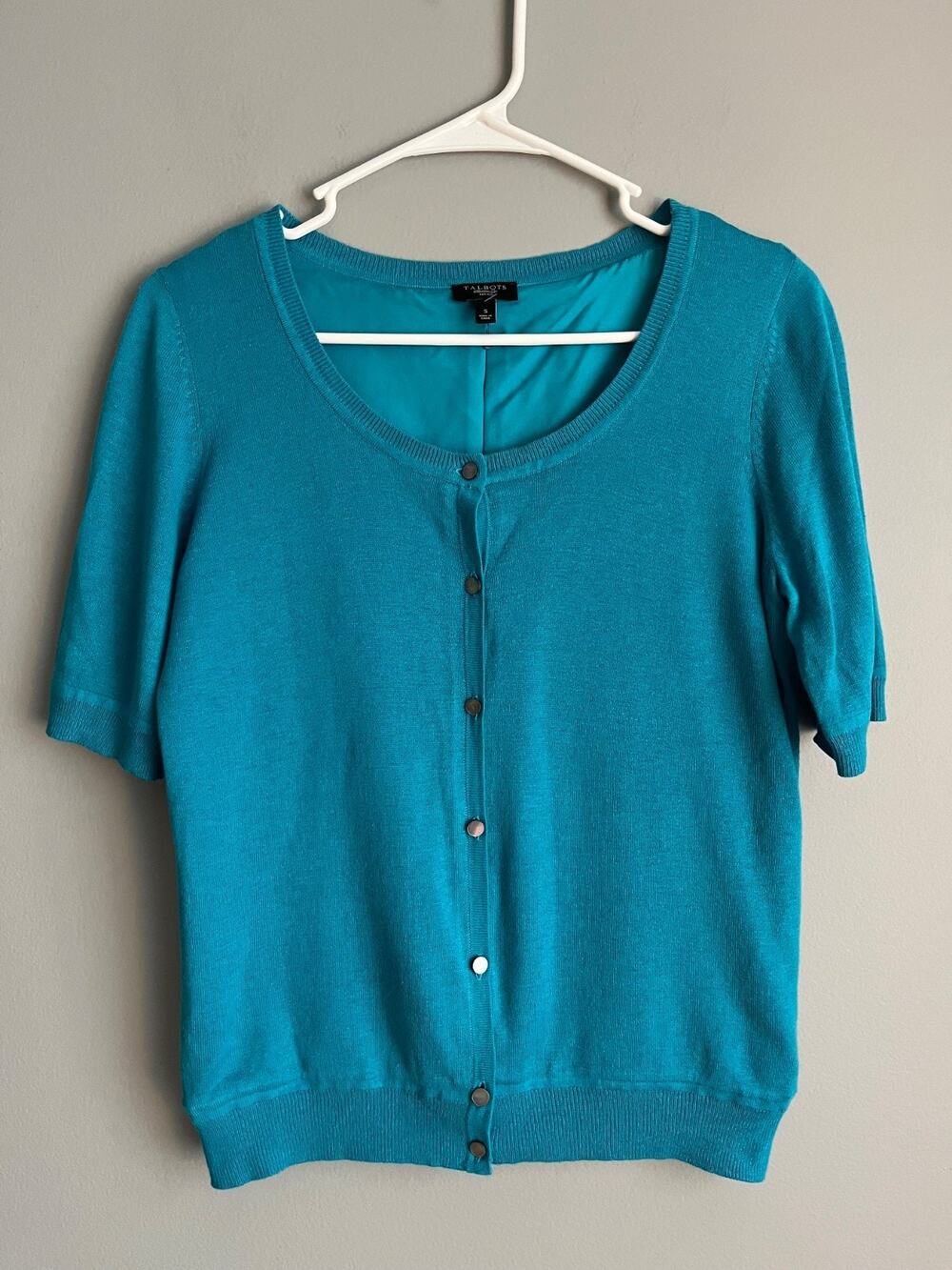 Talbots Petites Silk Blend Cardigan Top S Teal Short Sleeve Button Front Womens